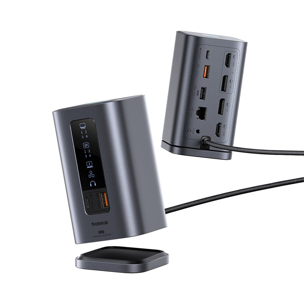 Zwei graue Baseus Dockingstationen mit verschiedenen Anschlüssen, USB-Ports und angeschlossenen Kabeln vor weißem Hintergrund.