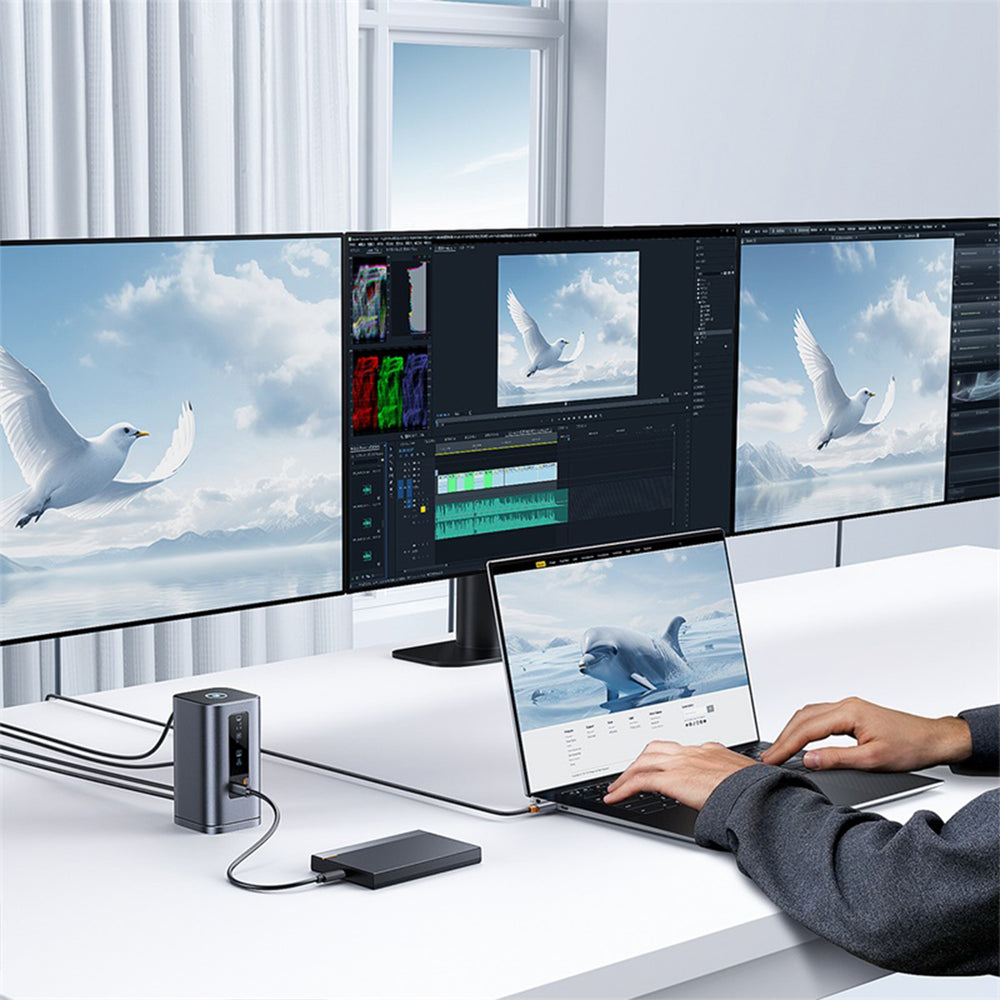 Ein Laptop ist mit drei großen Monitoren verbunden, die ein Video-Bearbeitungsprogramm und fliegende Vögel zeigen.