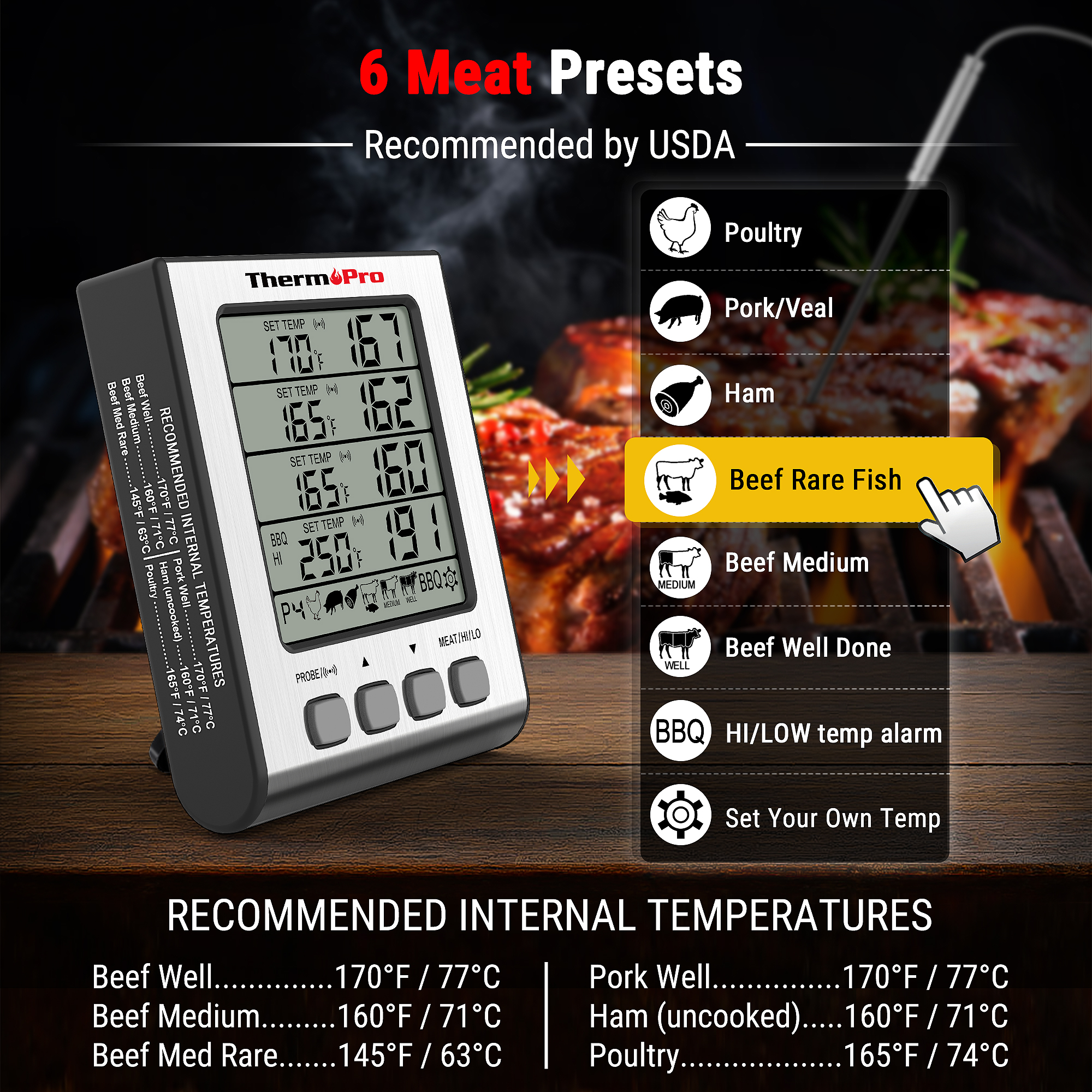 Ein digitales Fleischthermometer mit USDA-Voreinstellungen und Temperaturanzeige auf Holz vor Grillhintergrund.