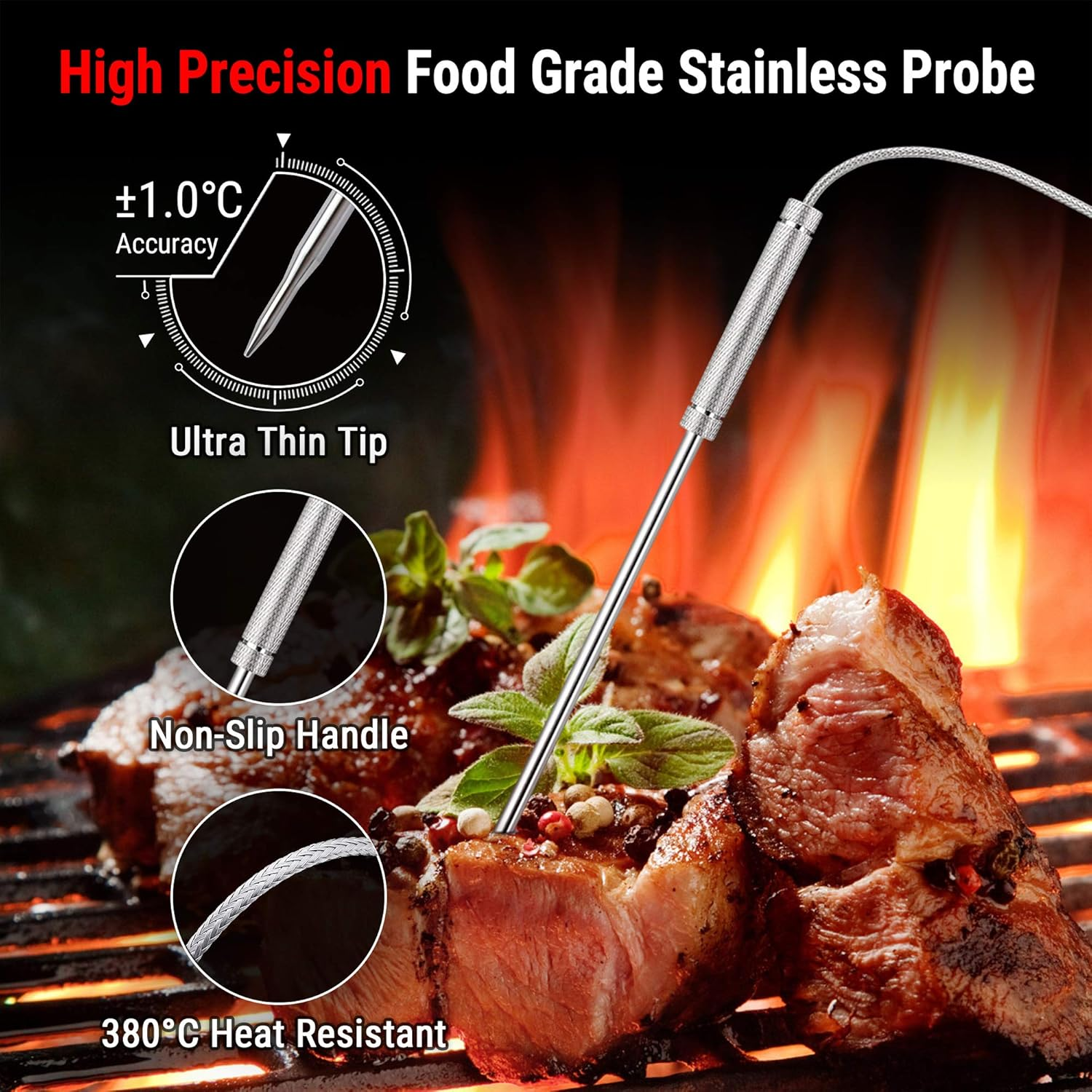 Edelstahl-Fleischthermometer in einem Steak auf dem Grill mit Flammen im Hintergrund.
