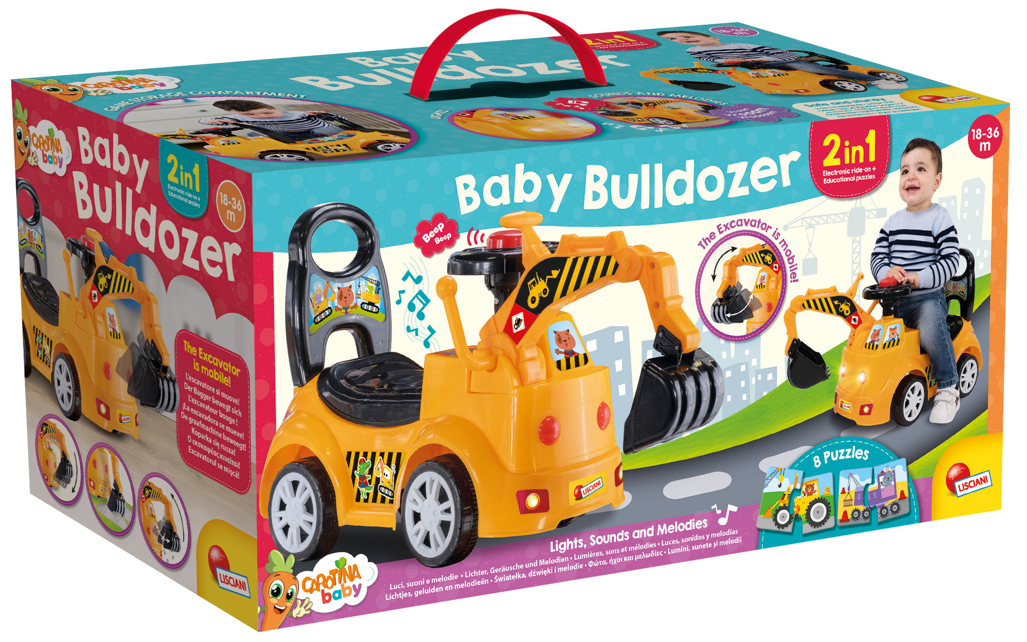 Eine bunte Produktverpackung für ein Baby-Bulldozer-Rutschauto mit Bildern eines lächelnden Kleinkinds auf dem Bagger.