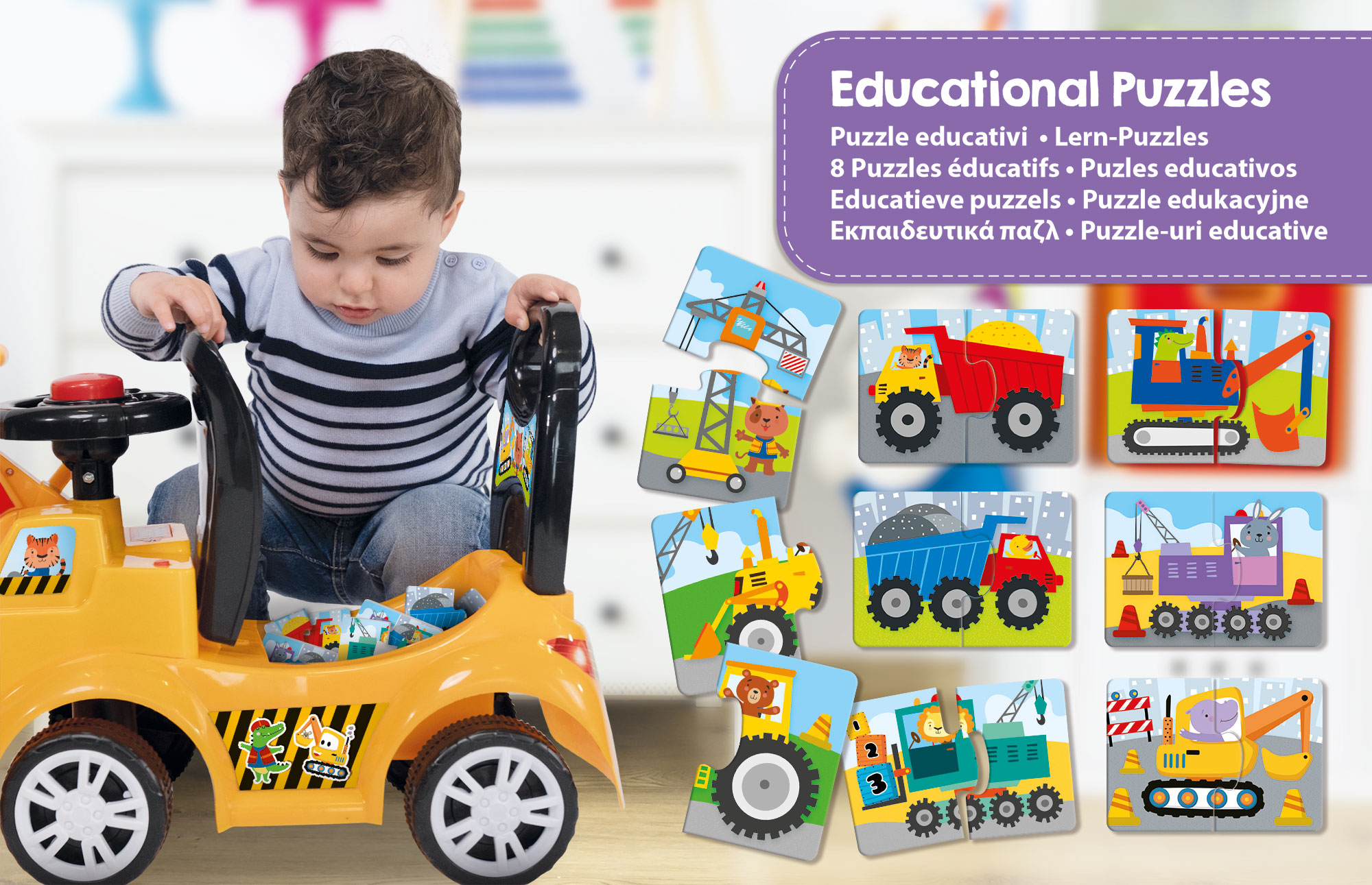 Kleinkind sitzt in einem gelben Spielzeugauto neben bunten Baustellen-Puzzles.
