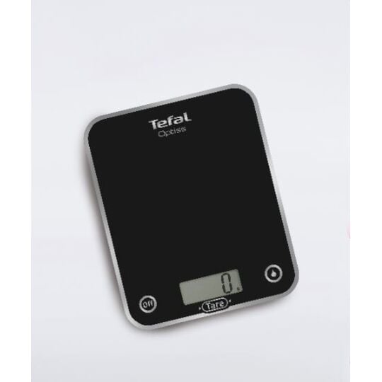 Eine schwarze Tefal Optiss digitale Küchenwaage mit silbernem Rand und Display auf weißem Hintergrund.