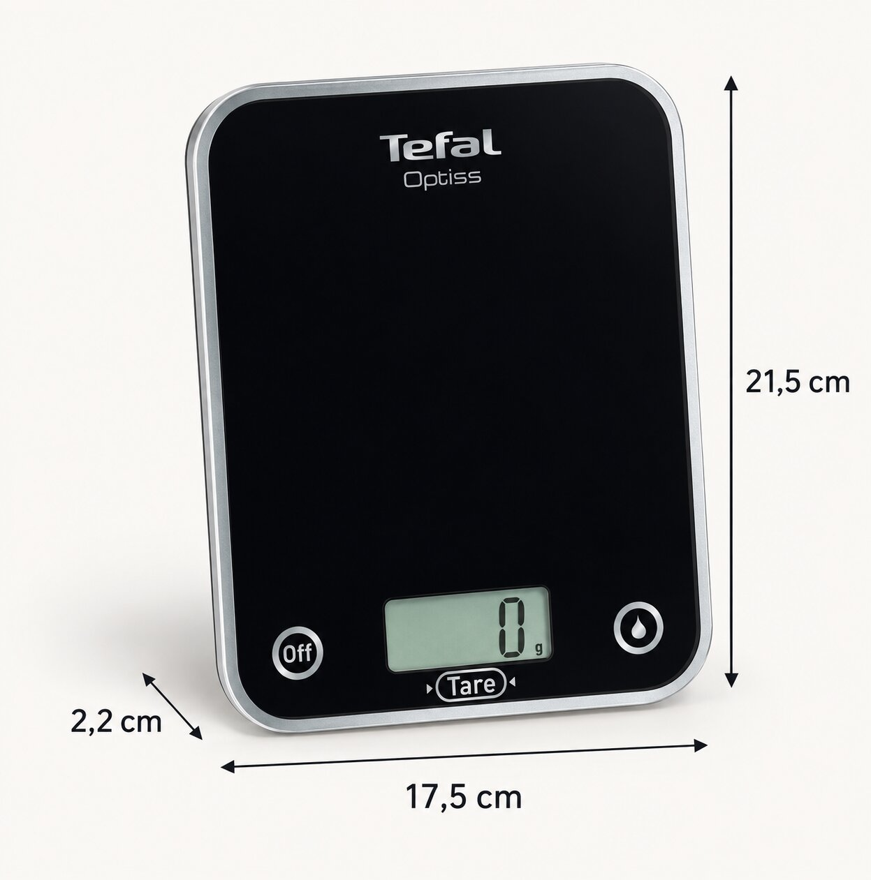 Schwarze Tefal Optiss Küchenwaage mit Maßen 21,5x17,5x2,2 cm auf weißem Grund.