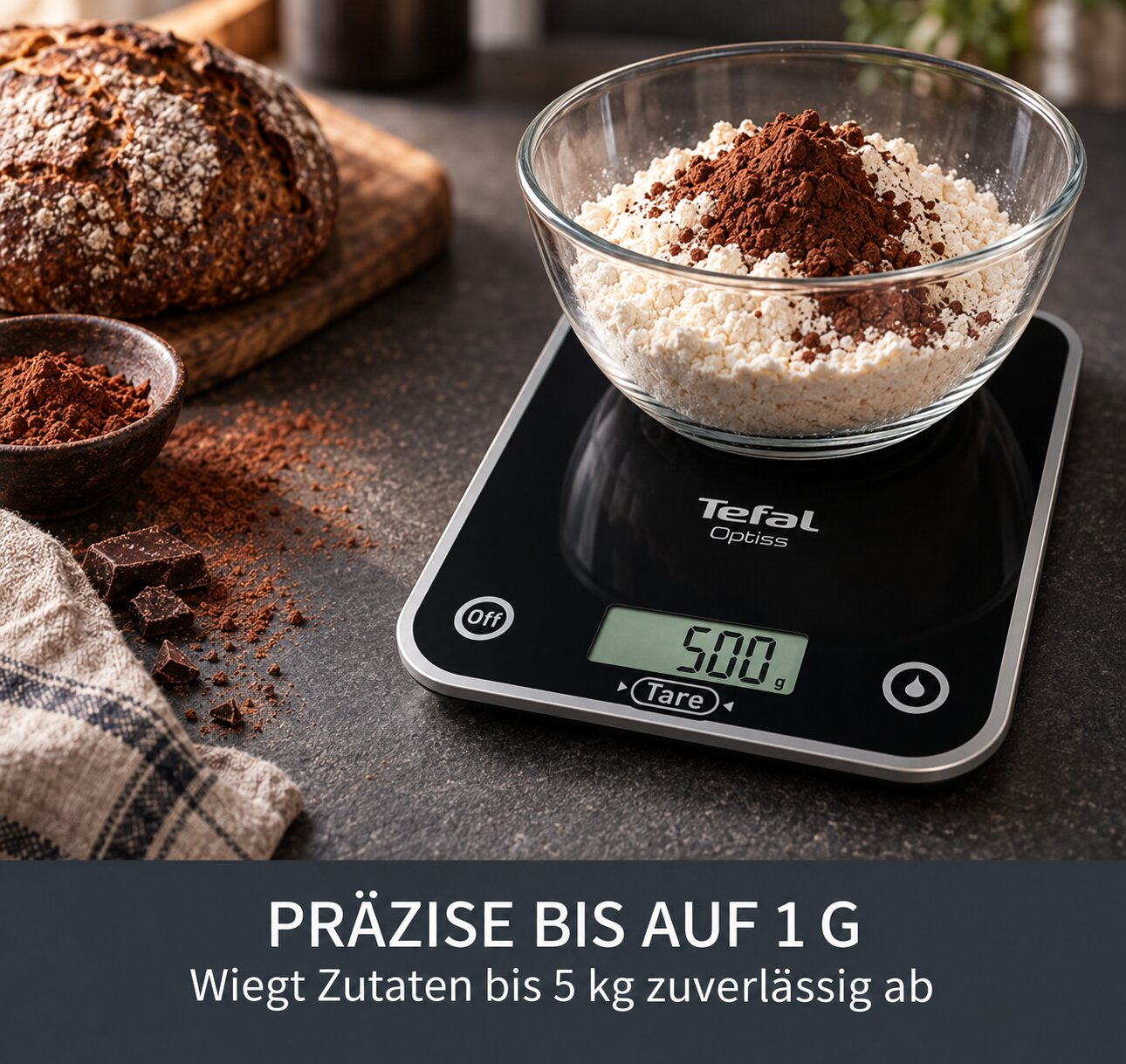 Eine Glas Schüssel mit Mehl und Kakao auf einer schwarzen Tefal Küchenwaage, daneben Brot und Schokolade.