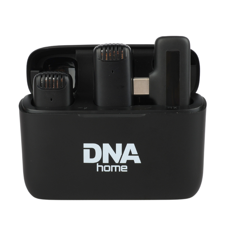 Ein schwarzes DNA Home Ladecase mit zwei kabellosen Mikrofonen und einem Empfänger.
