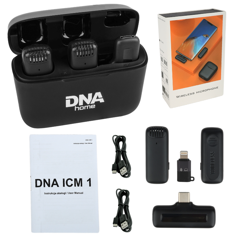 DNA ICM 1 kabelloses Mikrofonsystem mit Ladeetui, Sendern, Empfängern, Kabeln, Handbuch und Verpackung.