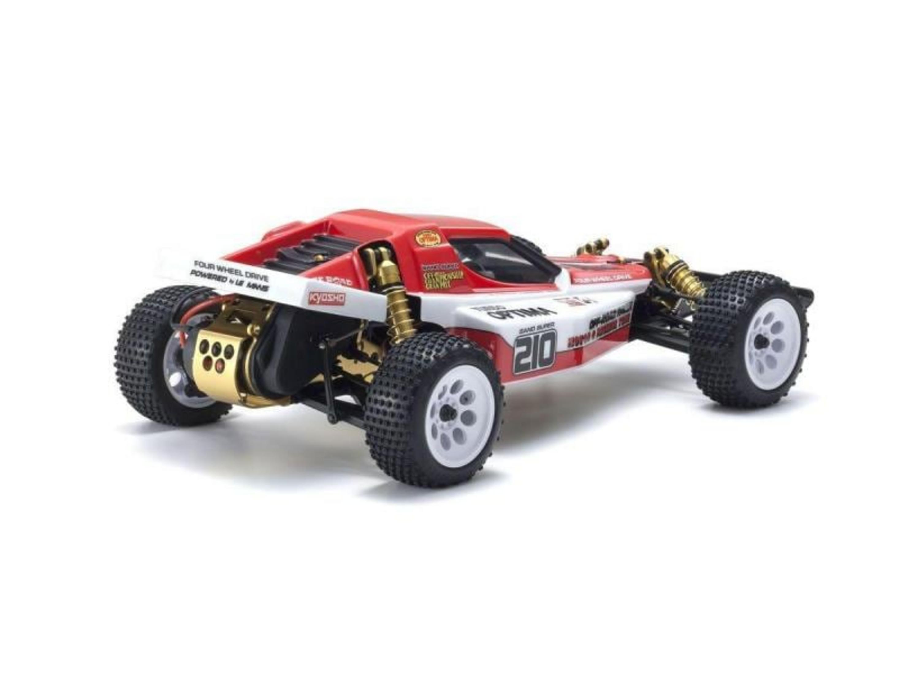 Ein rotes und weißes RC-Buggy-Spielzeugauto mit Stollenreifen steht auf weißem Hintergrund.