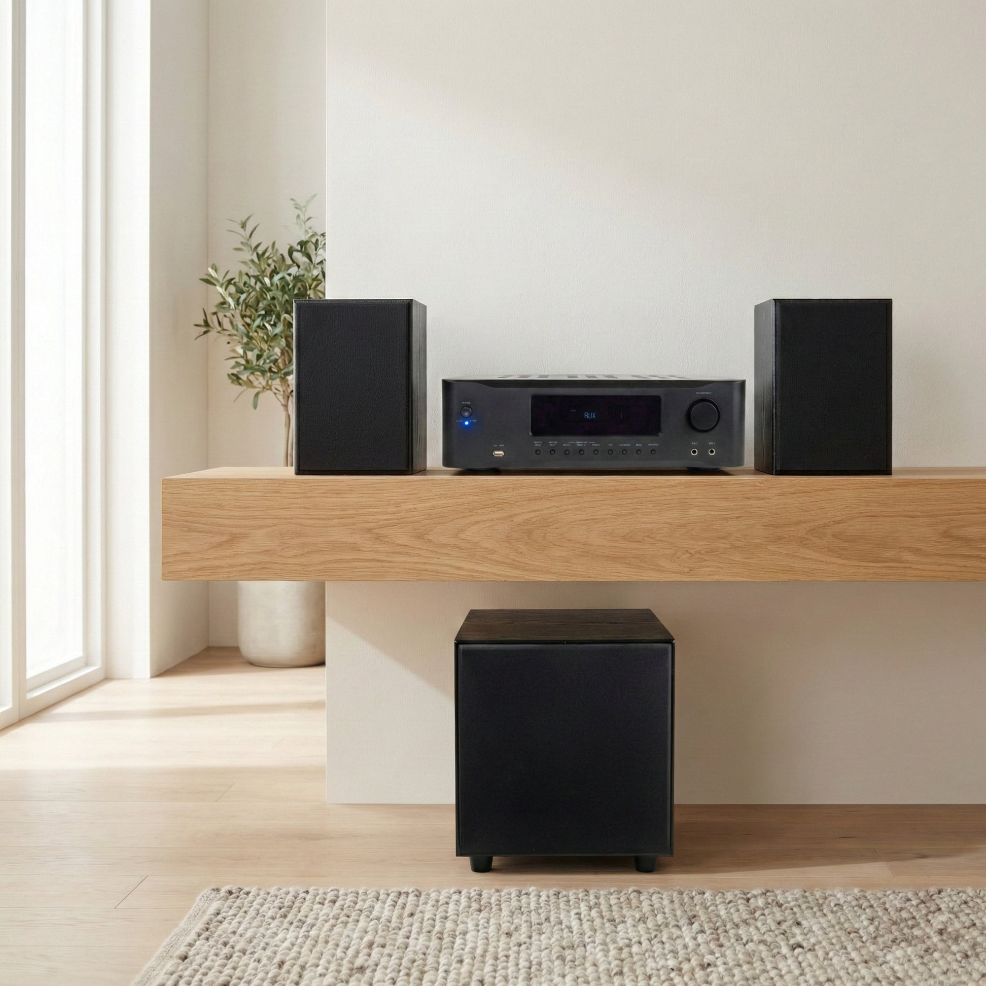 Ein schwarzer AV-Receiver mit zwei Lautsprechern auf einem Holztisch und einem Subwoofer darunter.