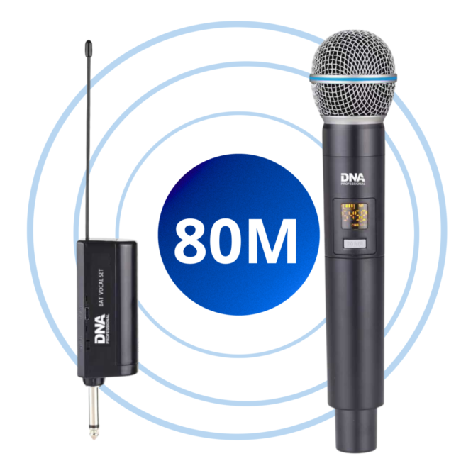 DNA Wireless-Mikrofon und Empfänger mit 80M-Reichweite auf weißem Hintergrund mit blauen Wellen.