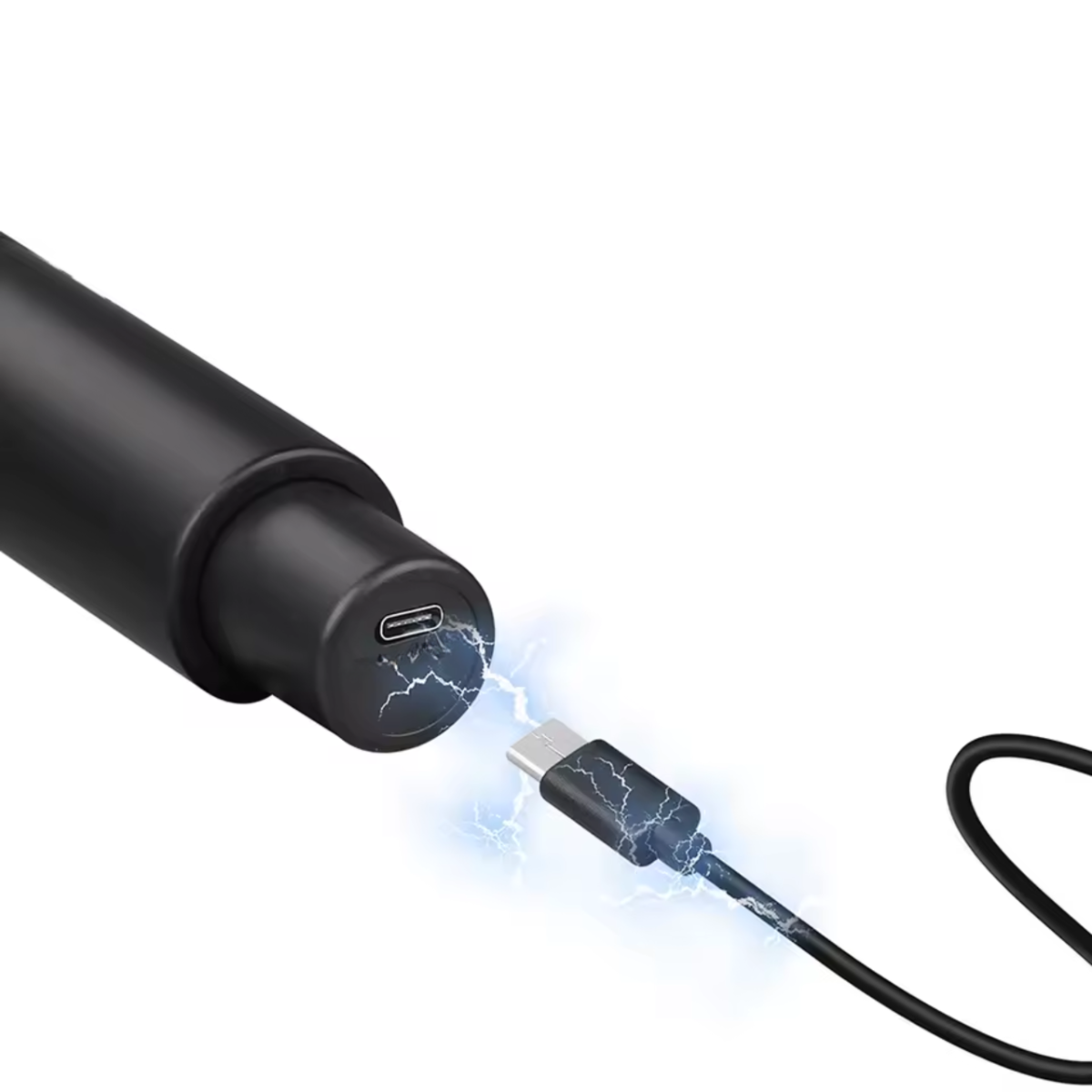 Ein schwarzes zylindrisches Gerät wird mit einem USB-C-Kabel und blauen elektrischen Blitzen geladen.