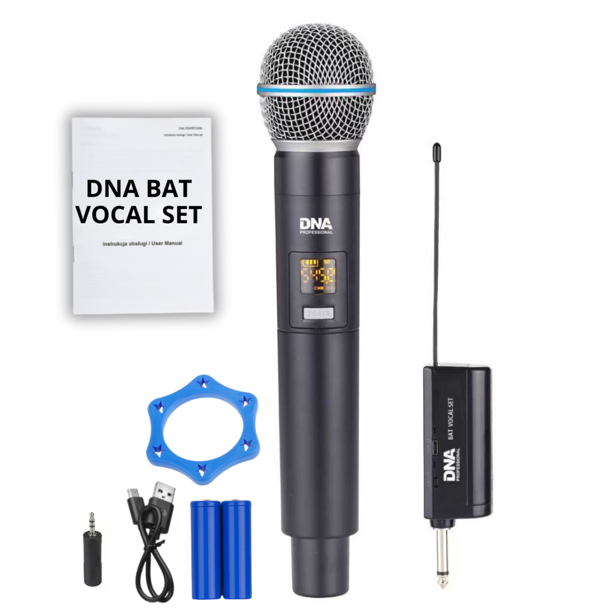 DNA BAT Vocal Set mit Mikrofon, Empfänger, Batterien, Kabel und Bedienungsanleitung auf weiÃem Hintergrund.