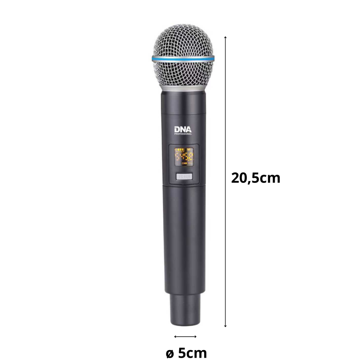 Schwarzes DNA Professional Handmikrofon mit runder Kapsel und LCD-Display. Höhe 20,5 cm, Durchmesser 5 cm.