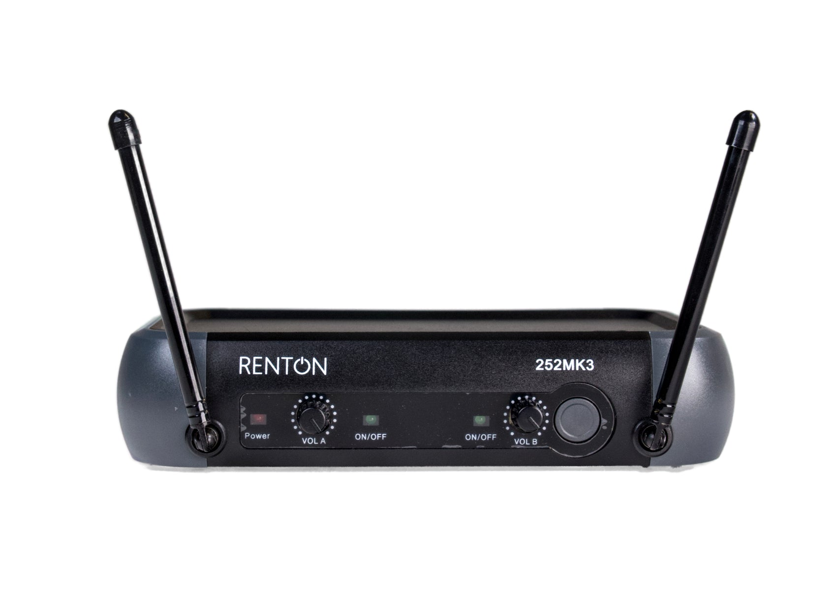 Schwarzes Renton 252MK3 Funkmikrofon-Empfangsgerät mit zwei Antennen und Reglern auf weißem Hintergrund.