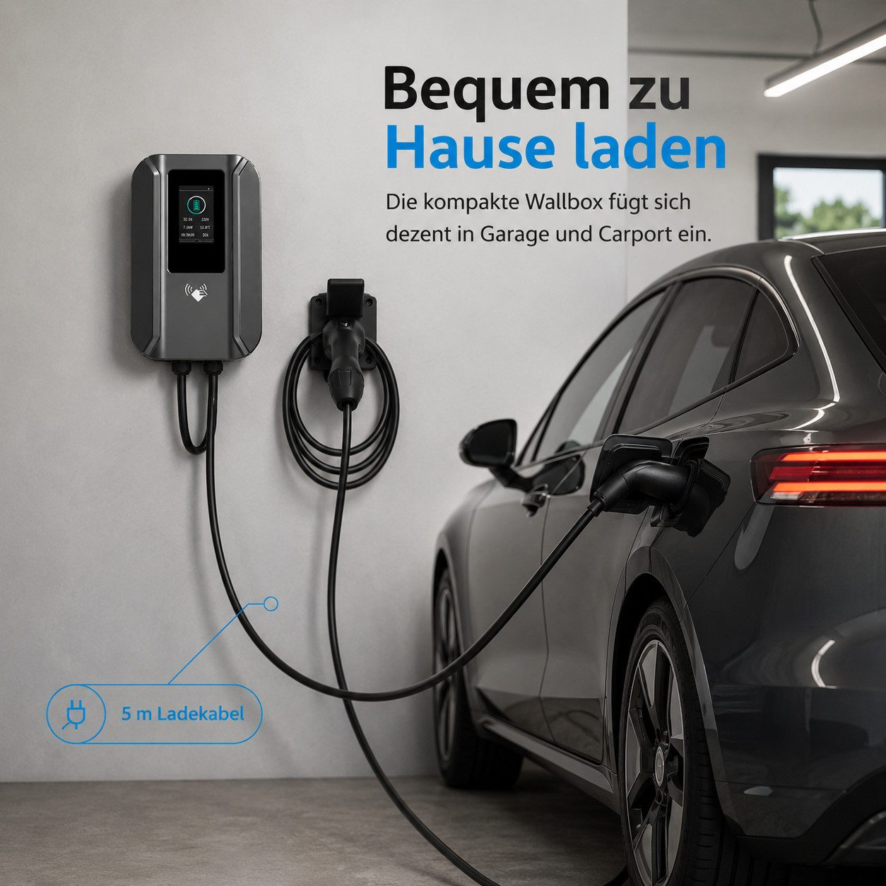 Eine graue EV-Wallbox an einer weißen Wand lädt ein dunkles Auto über ein 5m-Kabel, mit Texten.