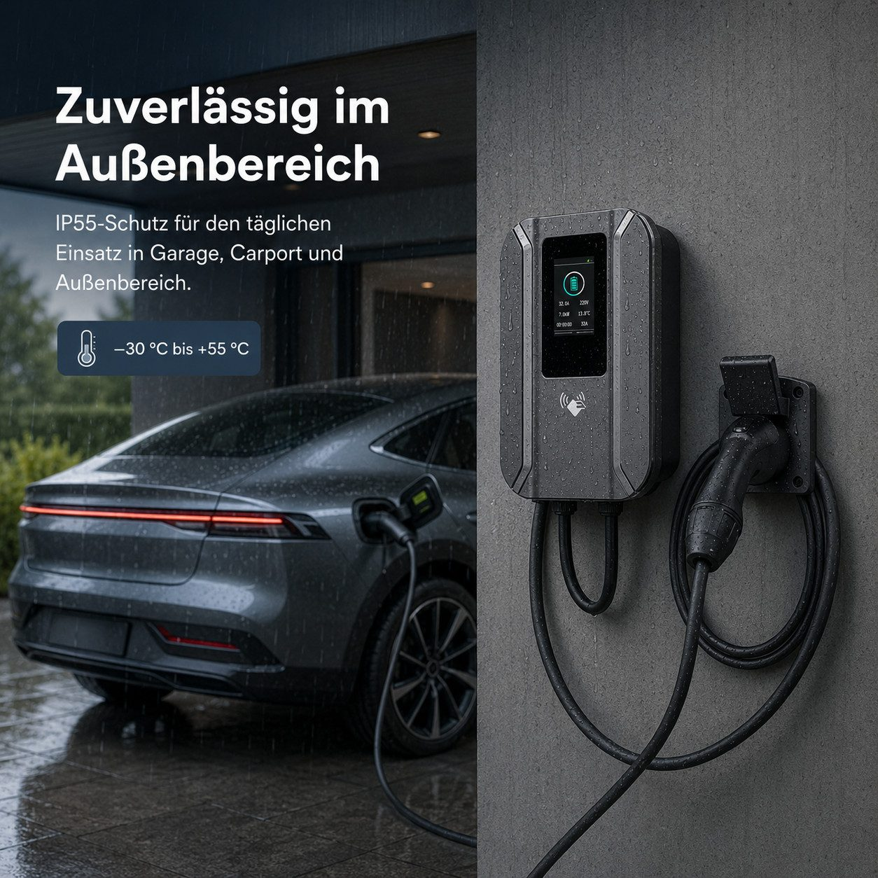 Wandmontierte graue EV-Ladestation an einer Betonwand, während ein graues Elektroauto im Regen im Hintergrund geladen wird.