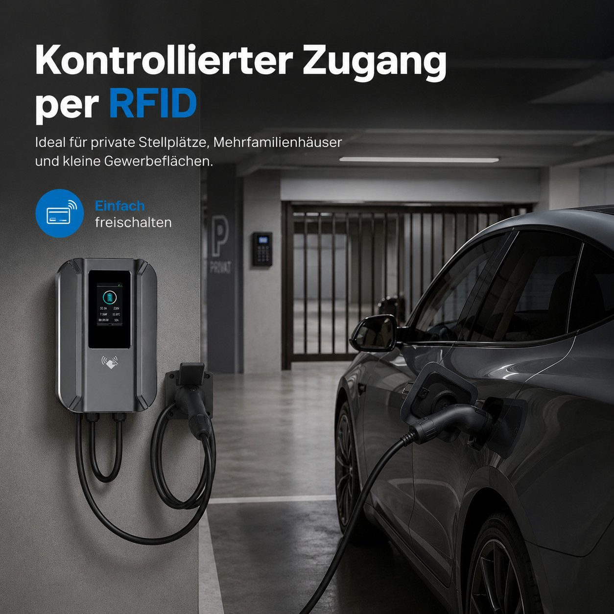 Wandmontierte graue EV-Ladestation in einer Tiefgarage mit ladendem Auto.