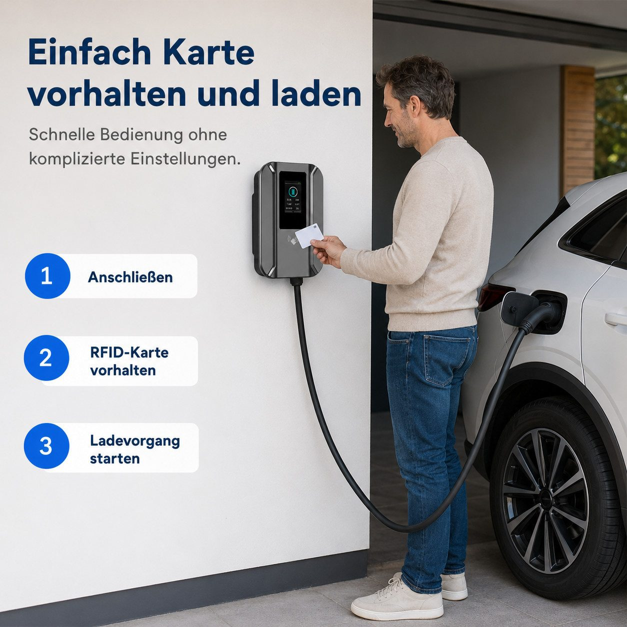Ein Mann hält eine RFID-Karte an eine Wandladestation, um sein Elektroauto zu laden.