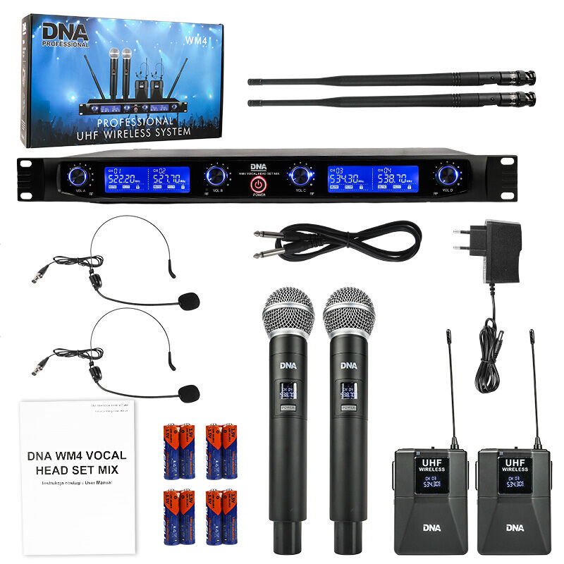 Ein DNA professionelles UHF-Funksystem mit Empfänger, zwei Handmikrofonen, zwei Taschensendern und Zubehör.