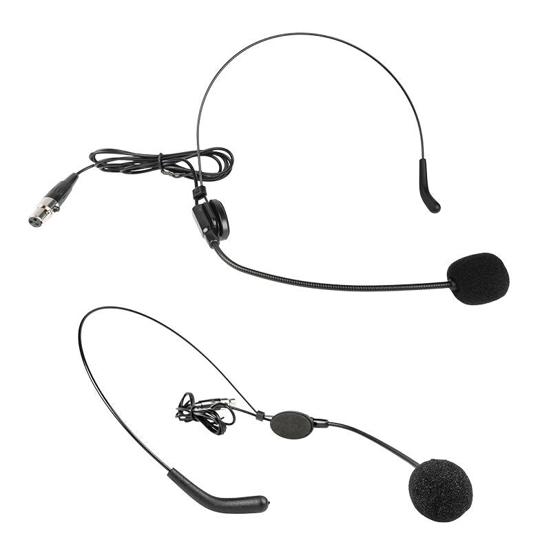 Zwei schwarze kabelgebundene Headset-Mikrofone mit schmalem Kopfbügel und Schaumstoff-Windschutz vor weißem Hintergrund.