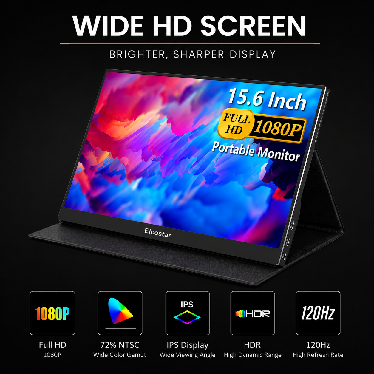 Un monitor portátil de 15.6 pulgadas con pantalla vibrante y características destacadas abajo sobre fondo negro.