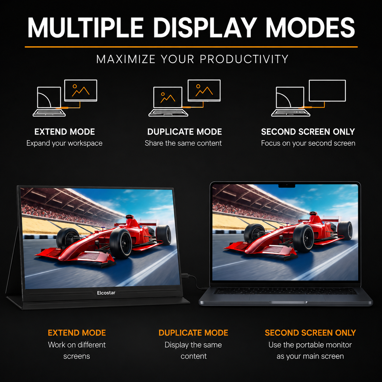 Infografía que muestra múltiples modos de pantalla: modo extendido, duplicado y solo segunda pantalla.