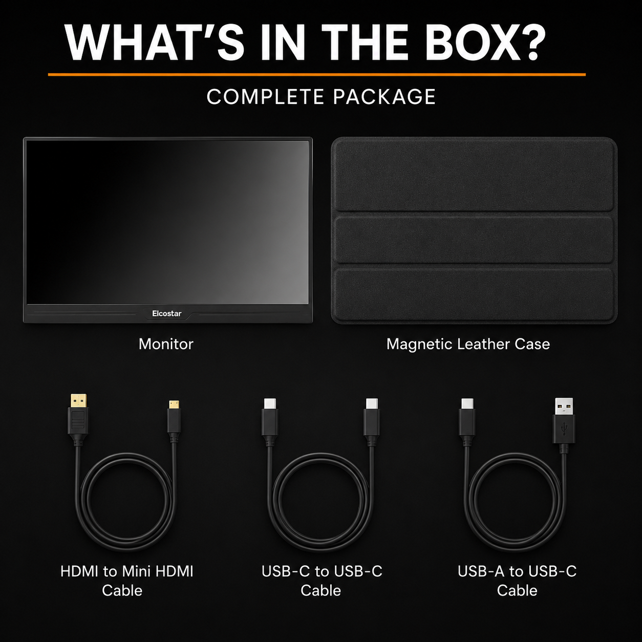 Paquete completo con un monitor, funda de cuero magnética y tres cables de conexión diferentes.