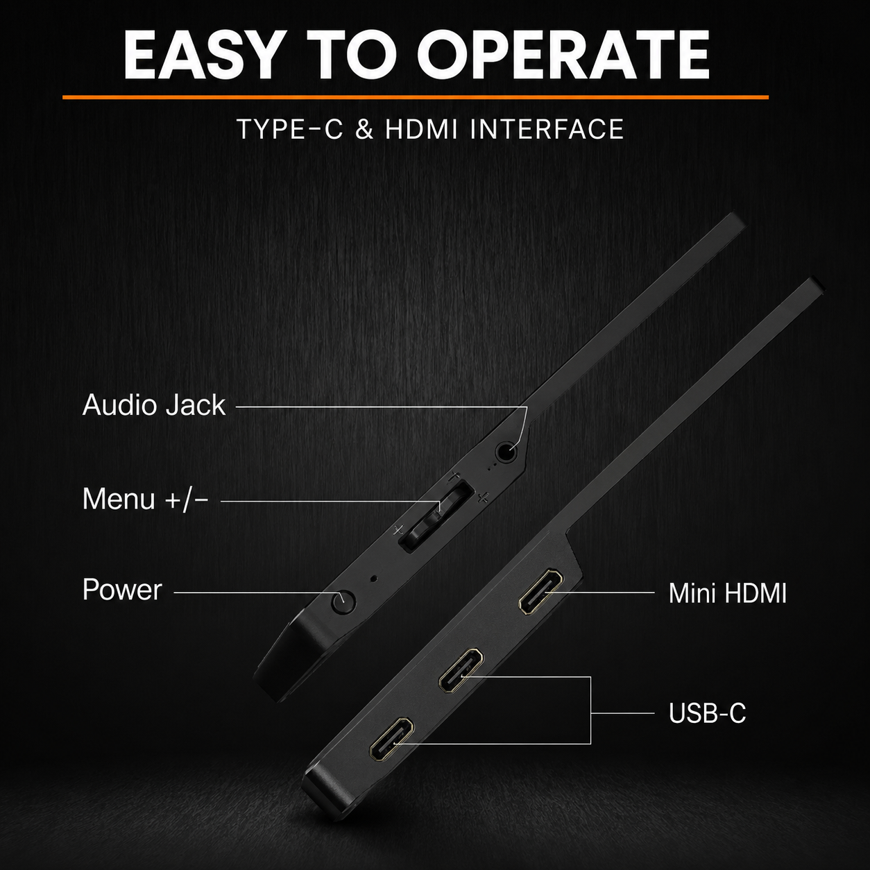 Diagrama que muestra puertos con conector de audio, botón de menú, encendido, mini HDMI y USB-C.