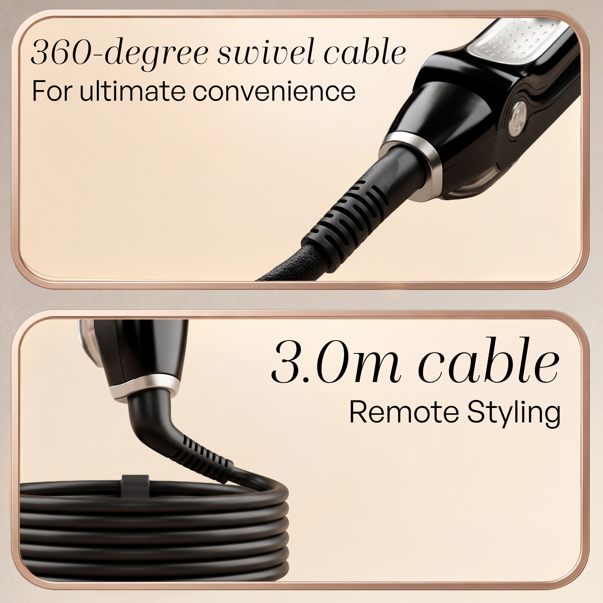 Produktmerkmale des Haarglätters: 360-Grad-Drehkabel und ein 3,0 Meter langes Kabel für einfaches Styling.