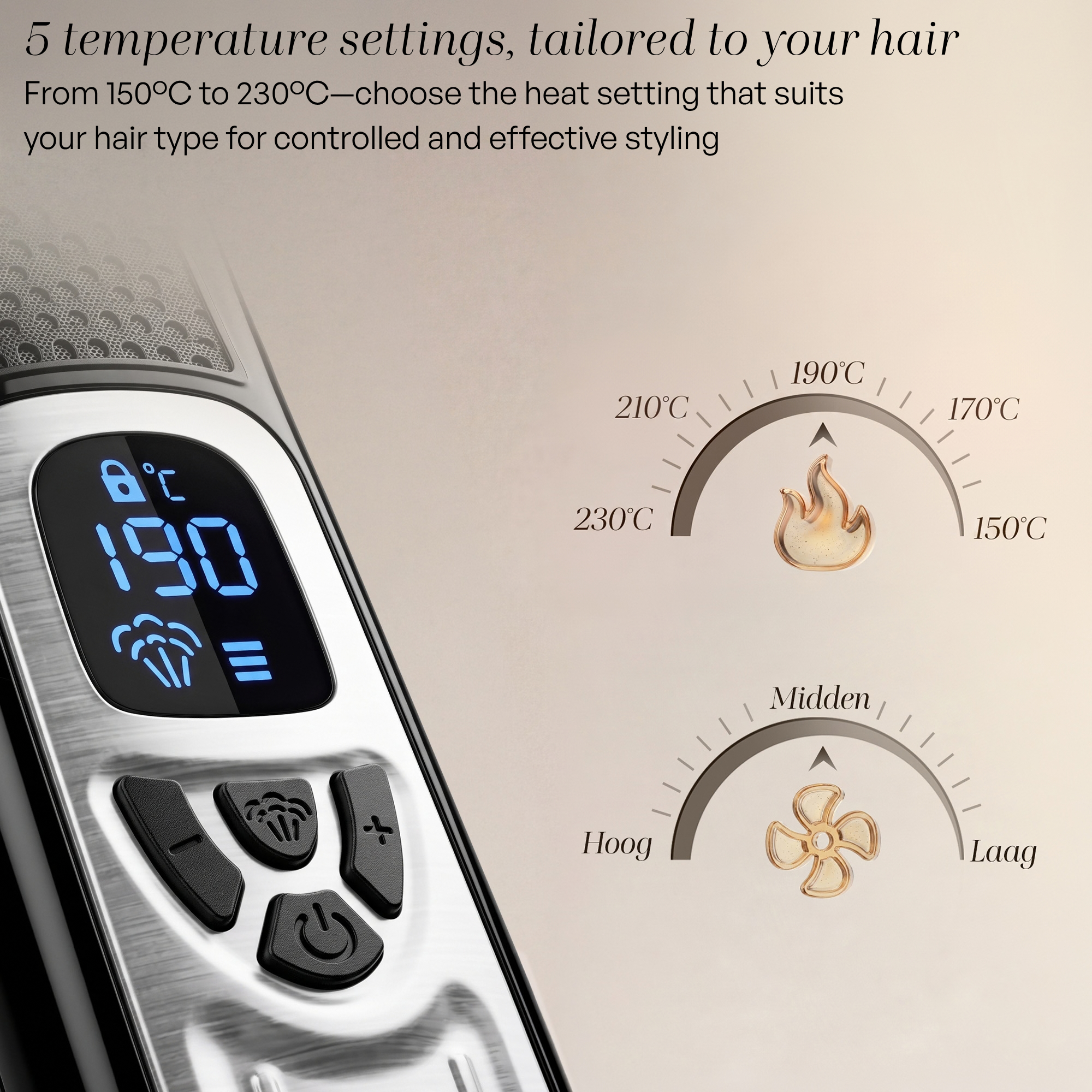 Haarglätter-Display mit 5 Temperatureinstellungen von 150°C bis 230°C und Steuerungstasten.
