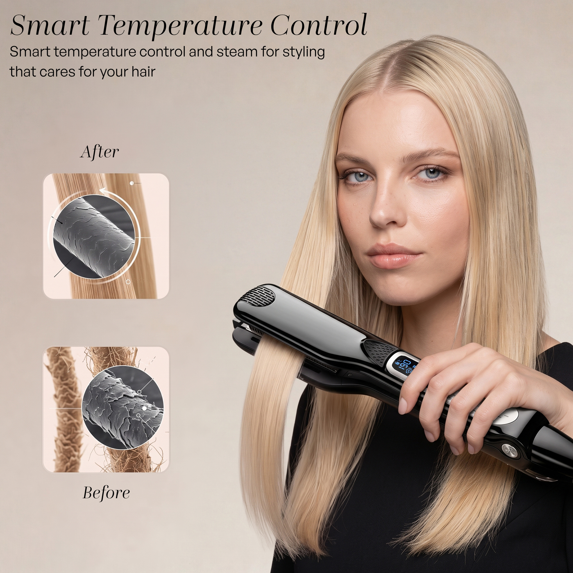 Eine blonde Frau benutzt ein schwarzes Glätteisen, mit Vorher-Nachher-Mikroskopie-Einsätzen für die Haarkutikula.