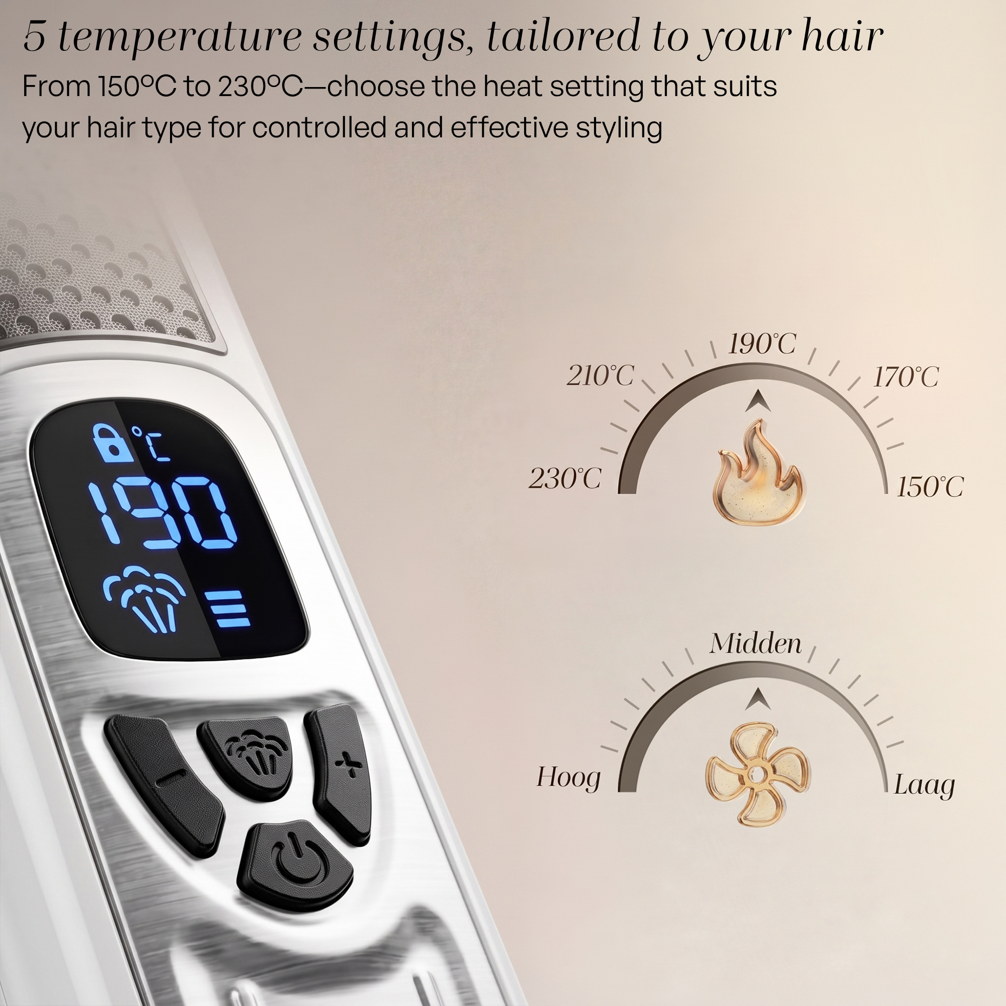 Haarglätter-Display mit 190°C Temperatur, Dampfsymbol und Steuerelementen sowie zwei runden Temperatur- und Lüfterreglern.