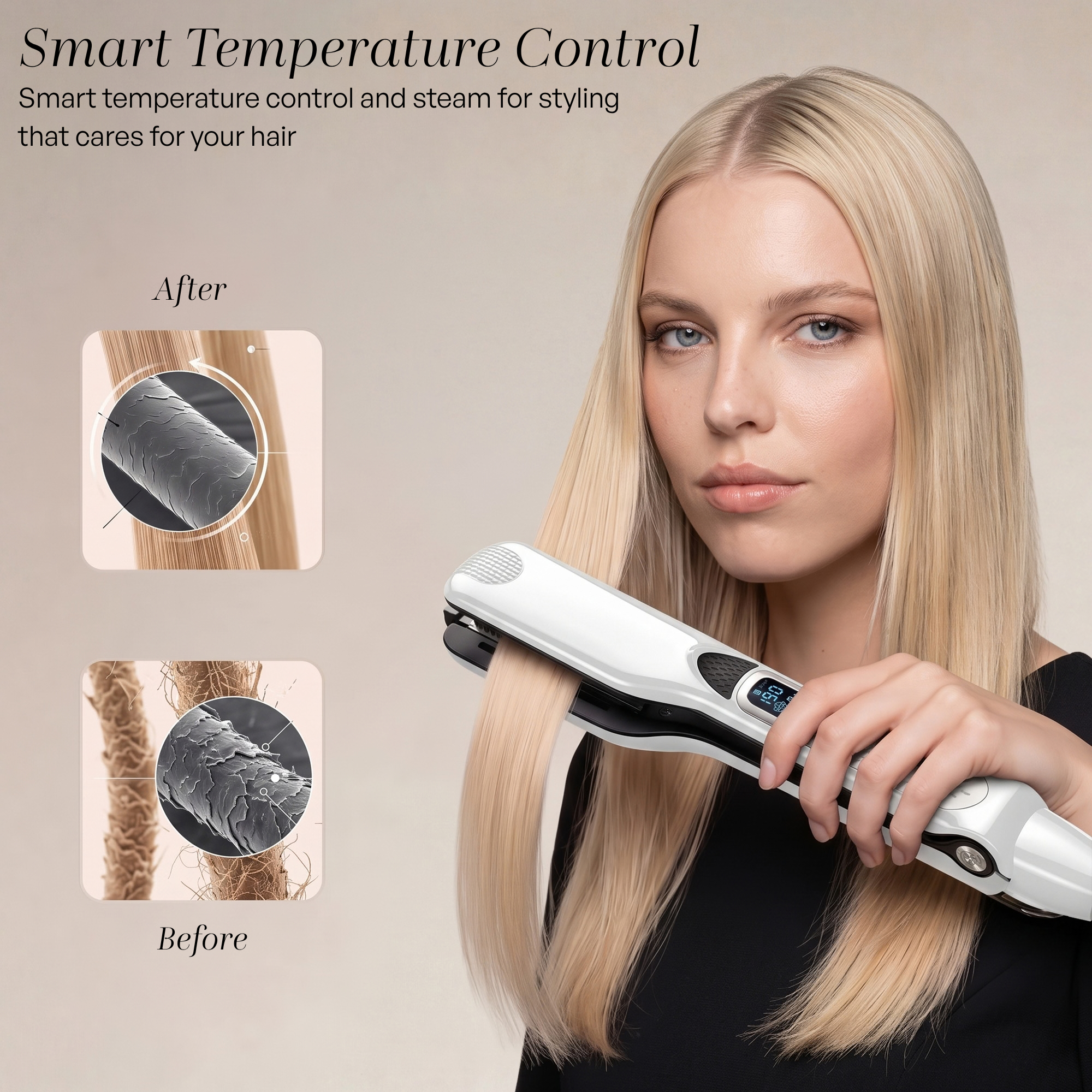 Eine blonde Frau straightening ihr Haar mit einem weißen Gerät, vor und nach Mikroskopaufnahmen.