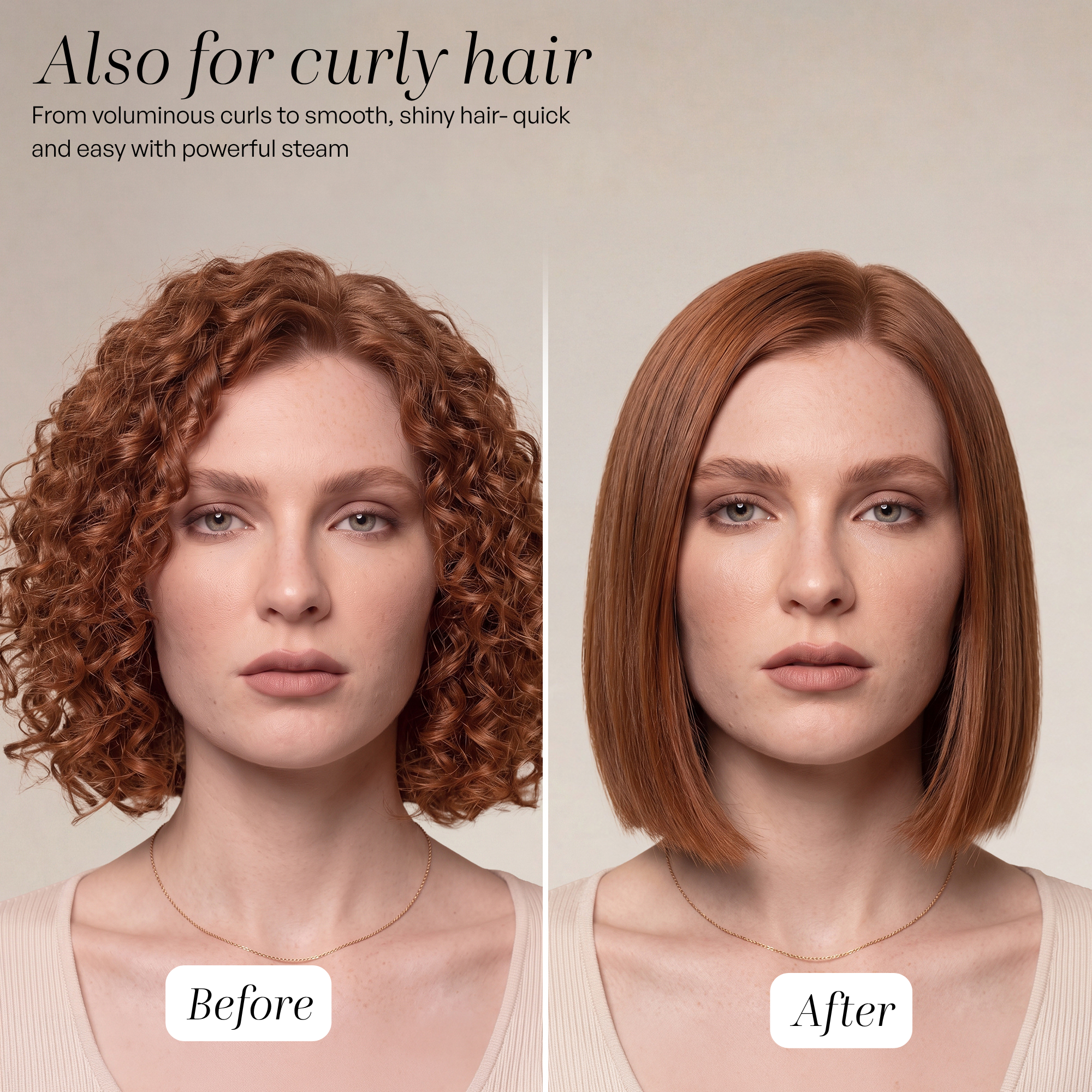 Vergleichsbild: Eine Frau mit lockigem Haar (vorher) und mit glattem Haar (nachher).