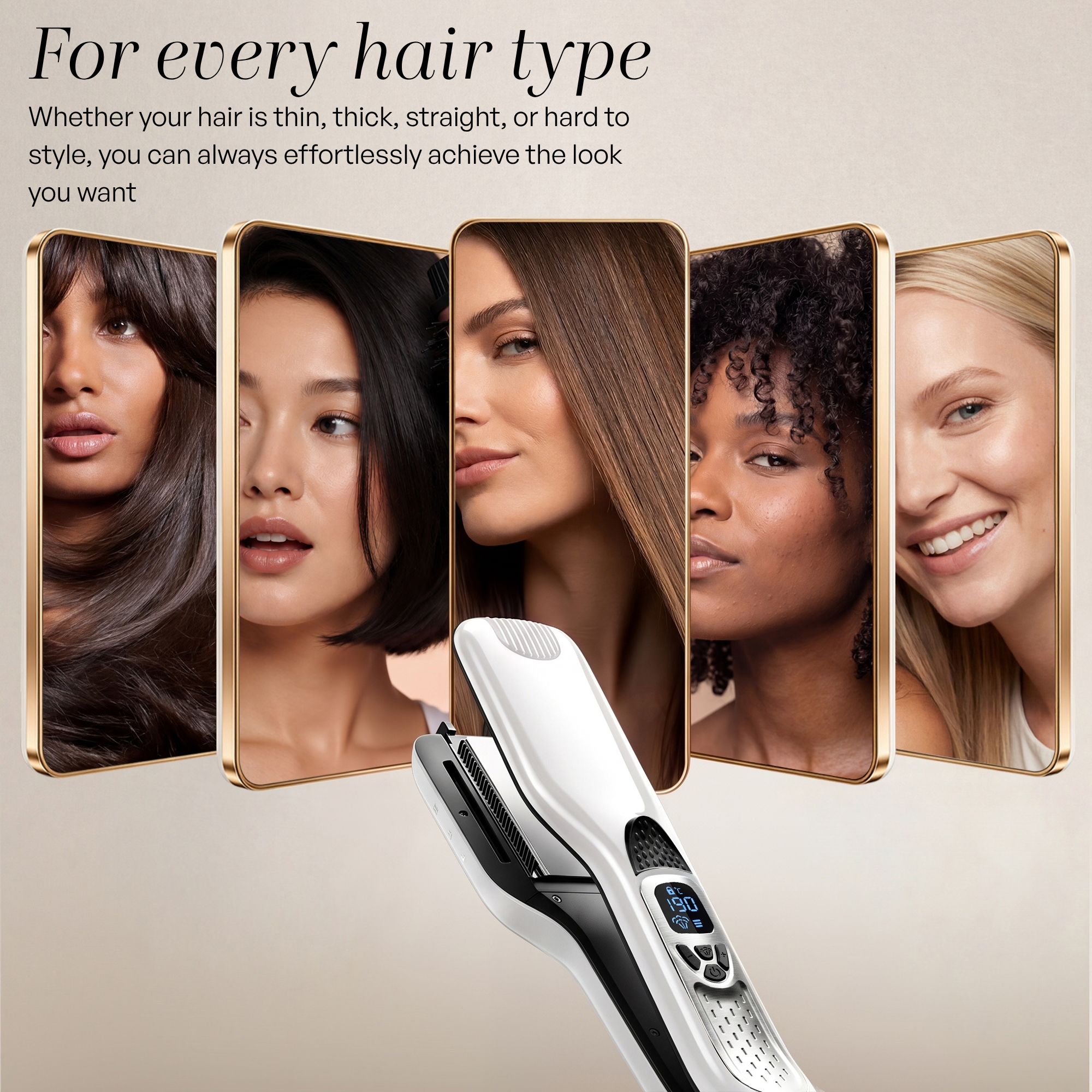 Fünf Frauen mit verschiedenen Haartypen vor Smartphones und ein weißes Glätteisen im Vordergrund.