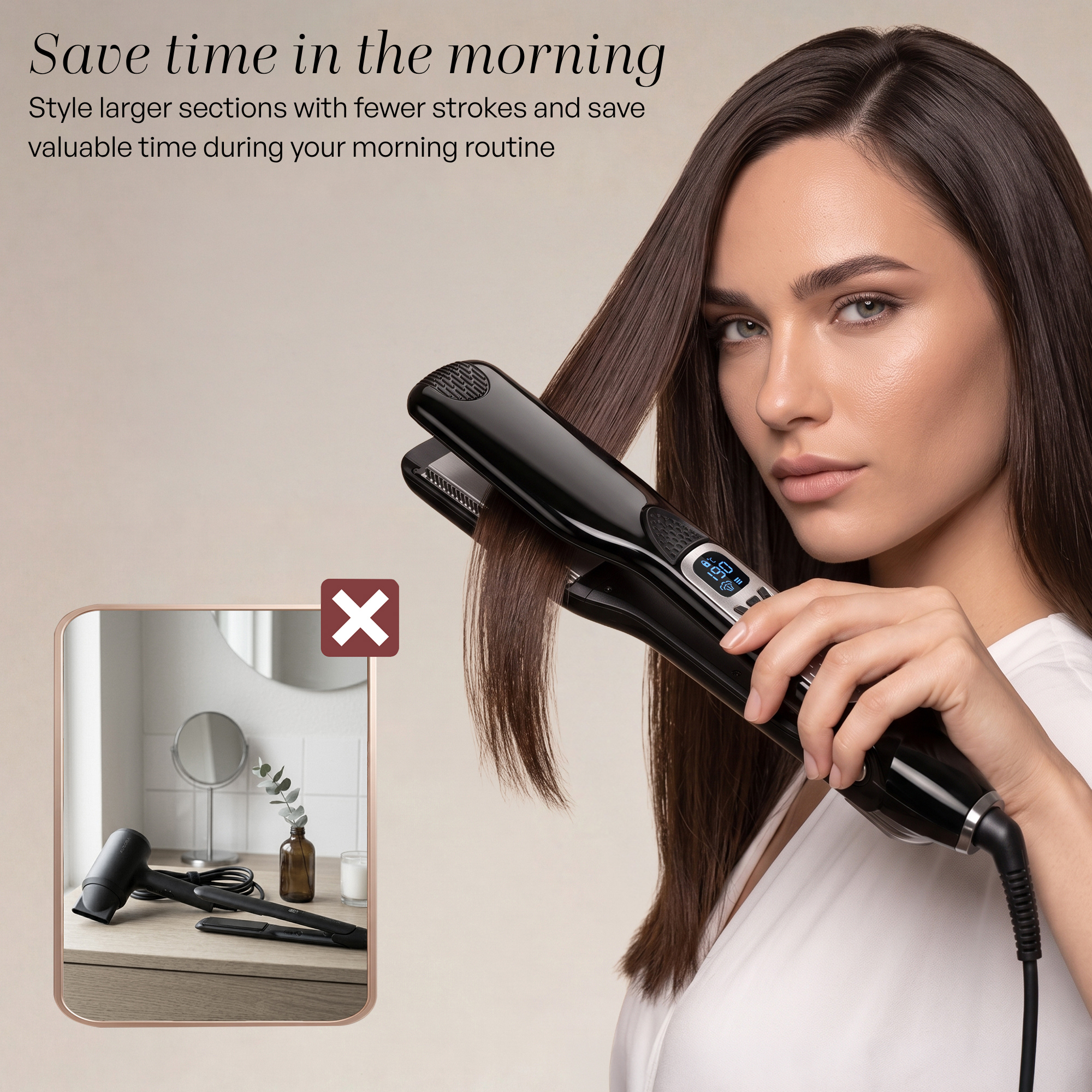 A woman styles her long brown hair with a black hair straightener, overlaid with text and an inset photo.