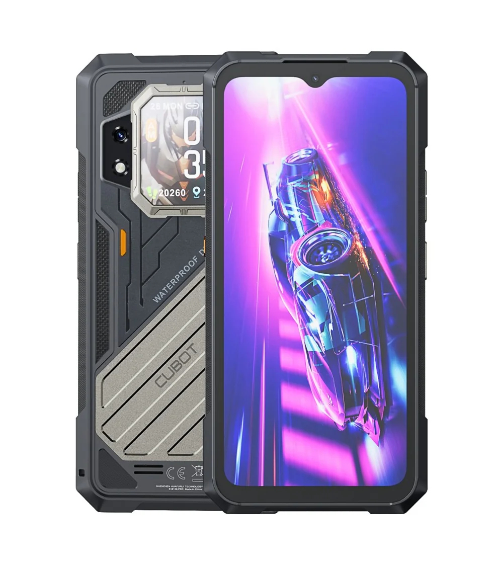 Ruggedes Cubot-Smartphone zeigt vorne ein Auto und hinten eine Kamera sowie ein Display.