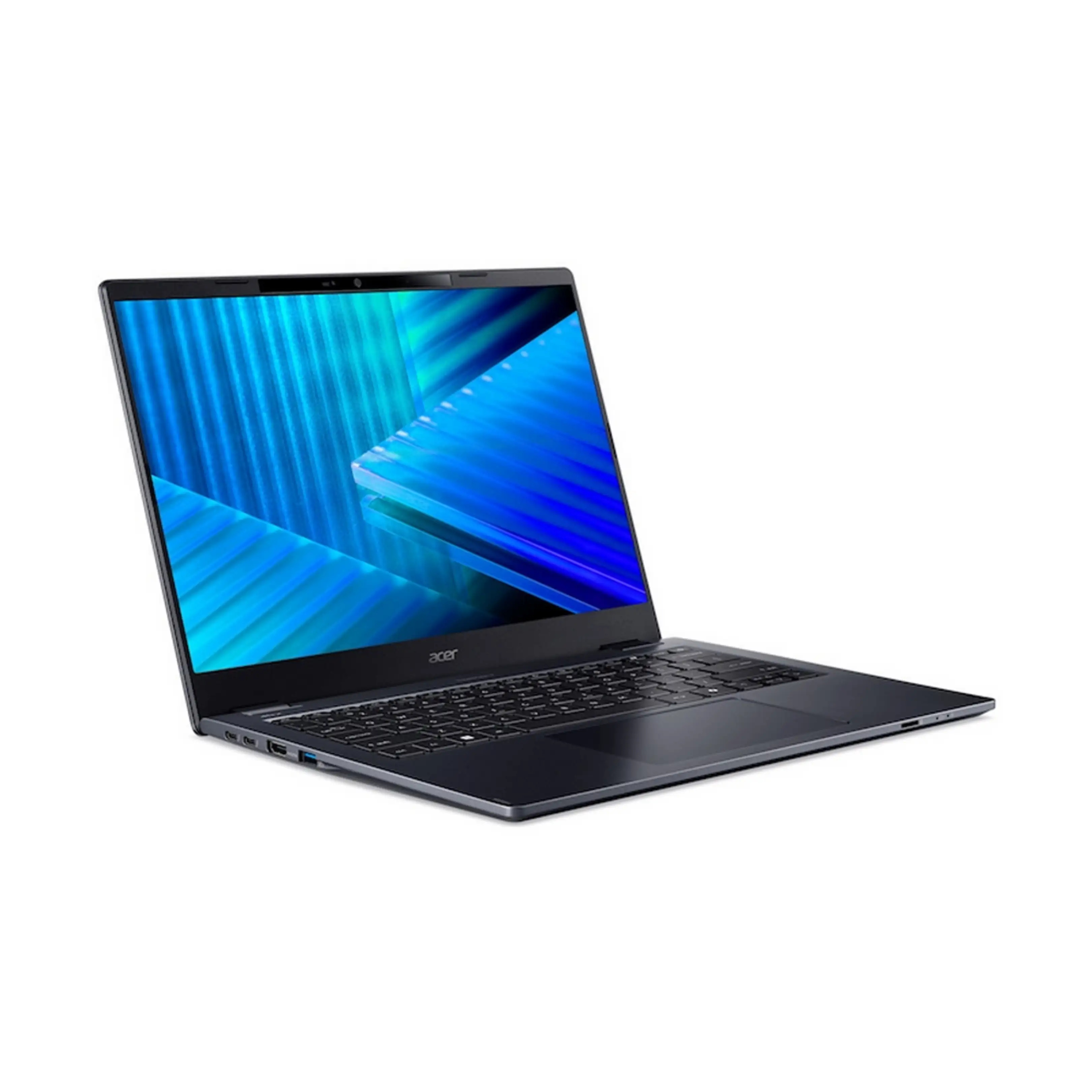 Un laptop grigio Acer con schermo aperto e sfondo astratto blu, isolato su sfondo bianco.