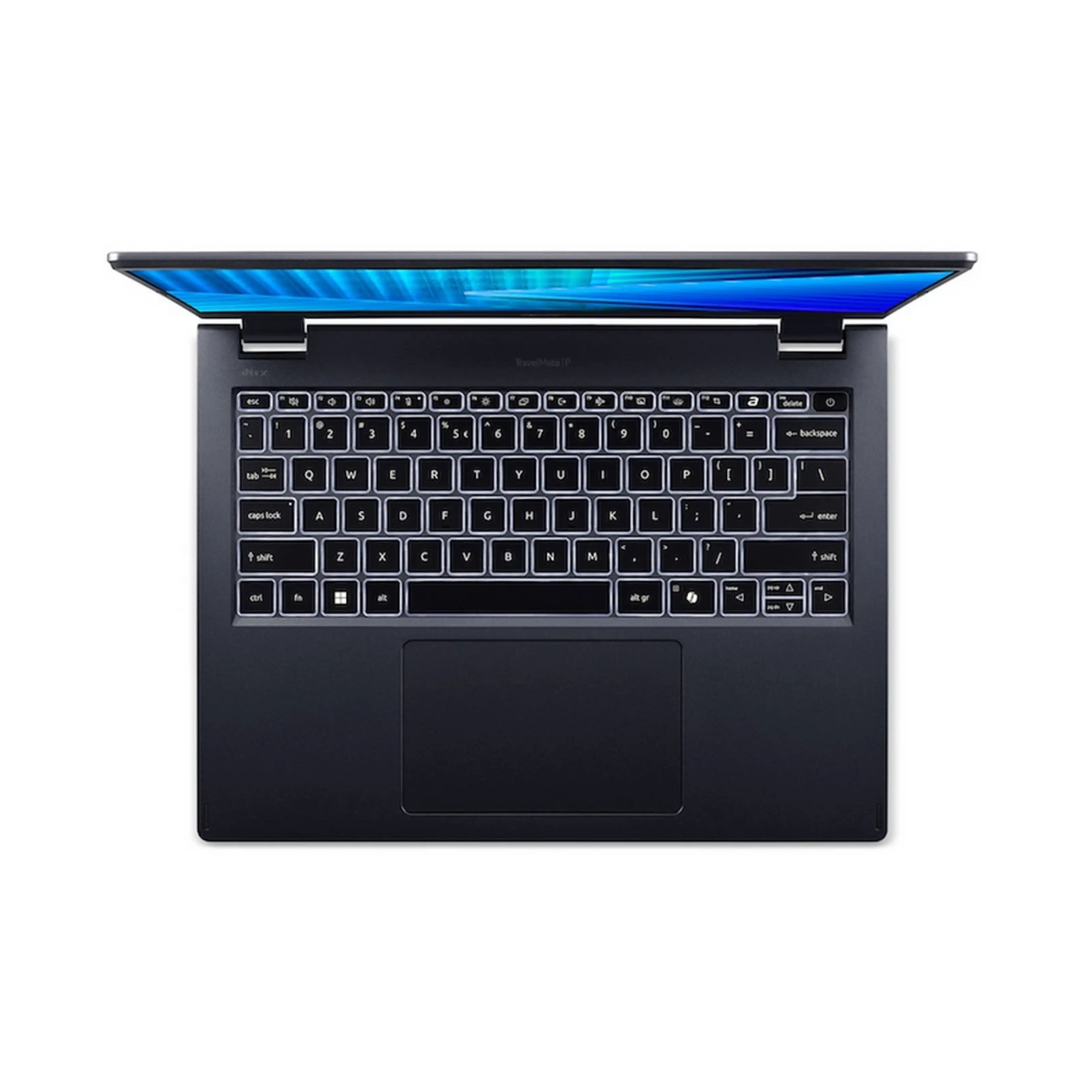 Vista dall'alto di un computer portatile nero con tastiera retroilluminata e display blu.