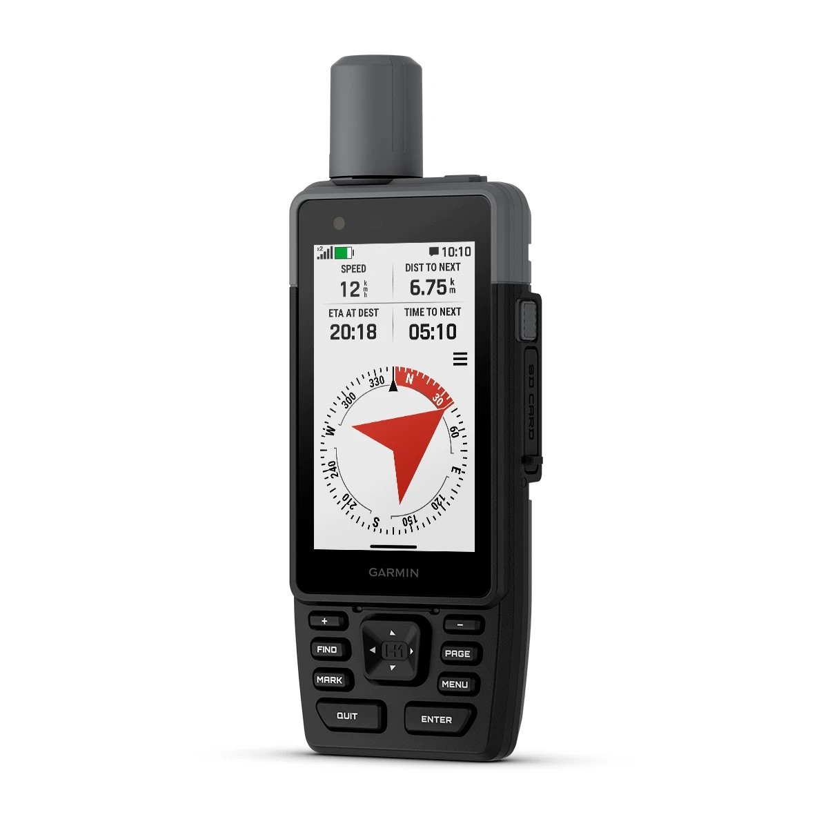 Beyaz arka planda dijital pusula ekranı ve fiziksel düğmeleri olan siyah bir Garmin GPS cihazı.