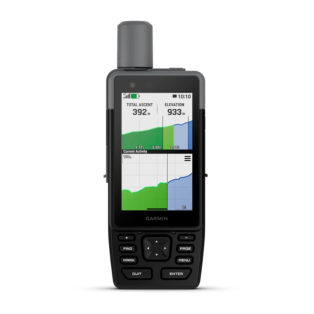 Renkli ekran, yükseklik grafikleri ve fiziksel düğmelere sahip Garmin el tipi GPS cihazı.