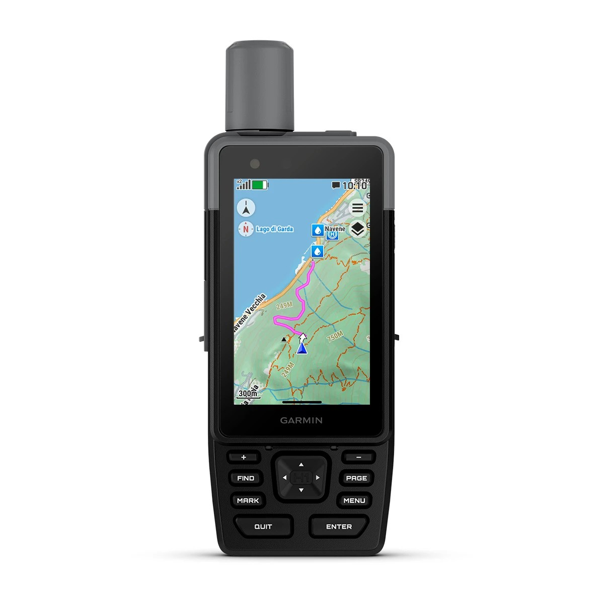 Antenli ve topoğrafik harita gösteren renkli ekranlı siyah Garmin el GPS cihazı.