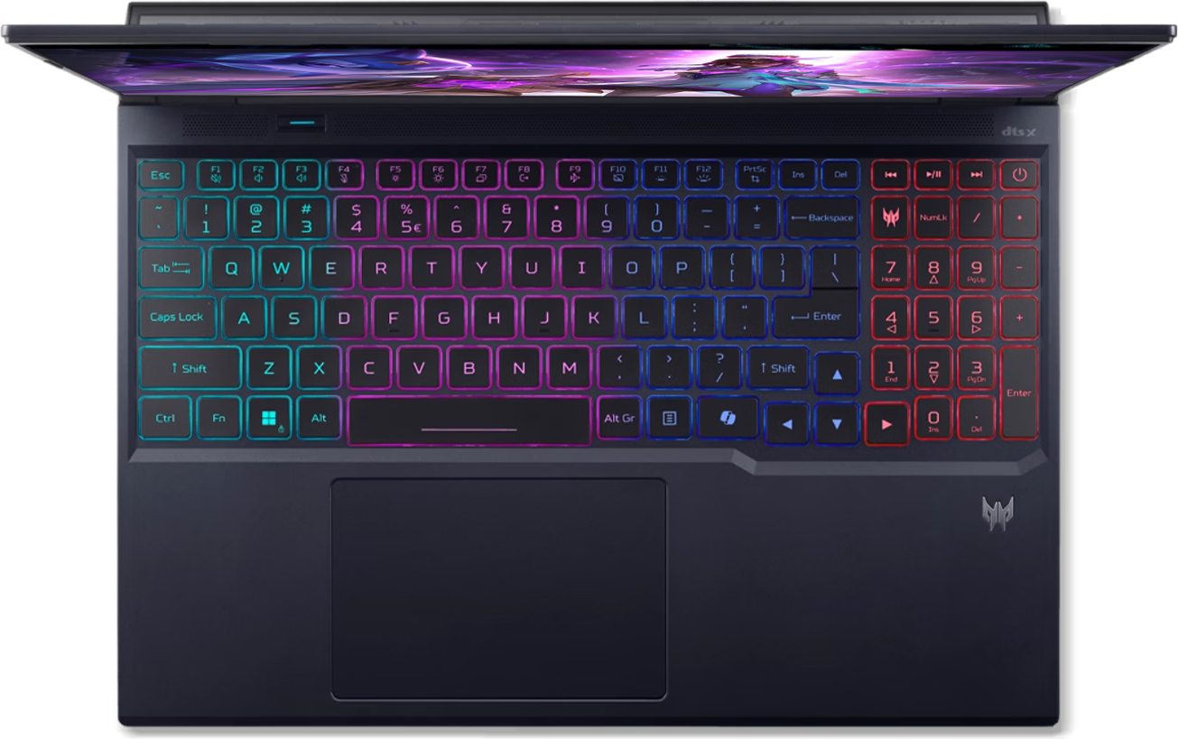Renkli RGB arka aydınlatmalı klavyeye ve altta bir dokunmatik yüzeye sahip koyu renkli bir oyuncu dizüstü bilgisayarı.