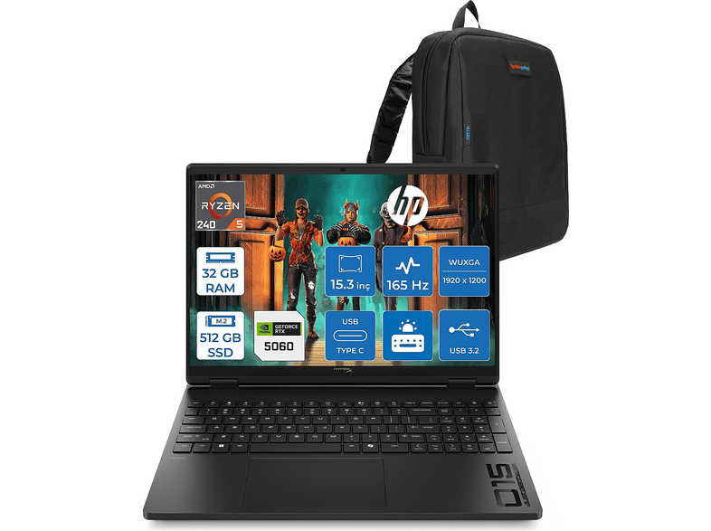 HP Hyperx Omen 15 8GB RTX5060 HOD2QW3EAF13 AMD Ryzen 5 240 32 GB RAM 512 GB SSD 15,3 inç FreeDOS Laptop+Çanta Siyah