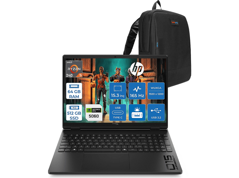 HP Hyperx Omen 15 8GB RTX5060 HOD2QW3EAF31 AMD Ryzen 5 240 64 GB RAM 512 GB SSD 15,3 inç FreeDOS Laptop+Çanta Siyah