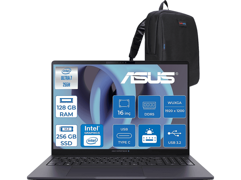 ASUS ExpertBook Arc140T MB2224F41 Intel Core Ultra 7 255H 128 GB RAM 256 GB SSD 16 inç FreeDOS Laptop+Çanta Siyah