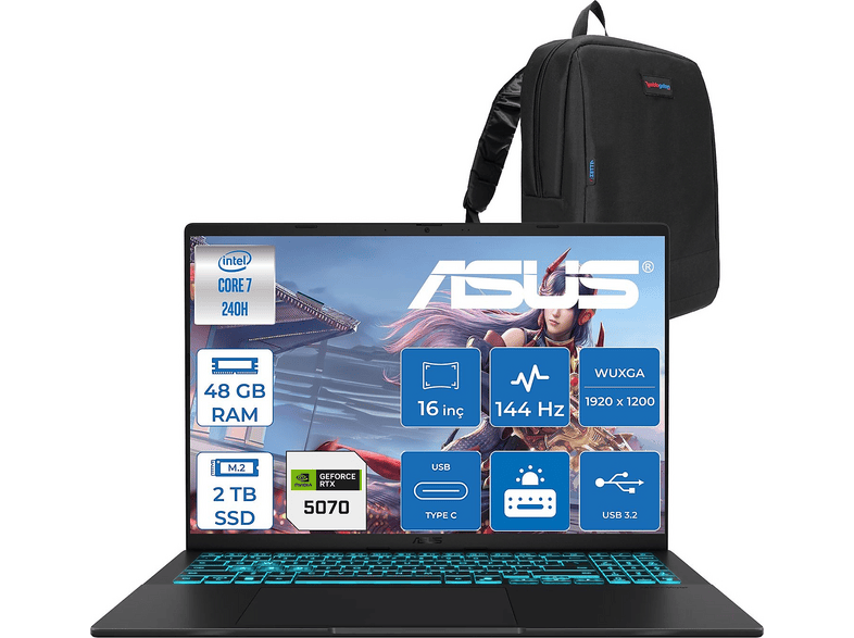 ASUS V16 8GB RTX5070 144Hz RP039WF24 Intel Core 7 240H 48 GB RAM 2 TB SSD 16 inç FreeDOS Laptop+Çanta Siyah