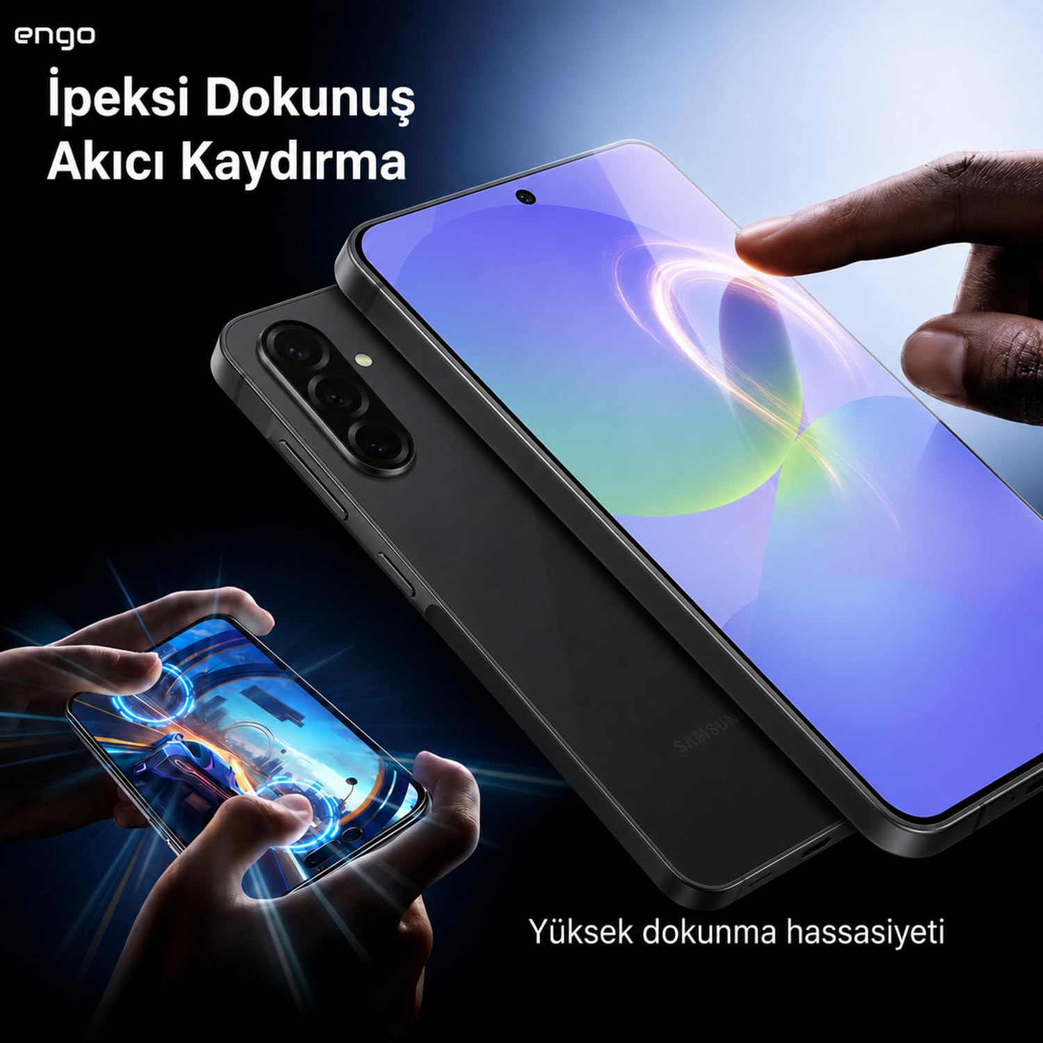 Koyu arkaplanda parlak ekranlı akıllı telefona dokunan el ve üzerinde yazılar.