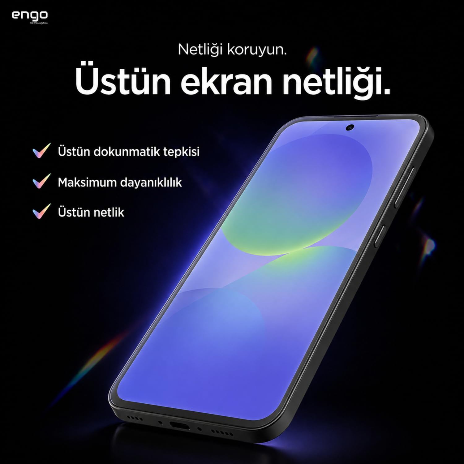 Ekran netliğini vurgulayan Türkçe tanıtım metinleri ve tik listeleriyle siyah arka planda bir akıllı telefon.