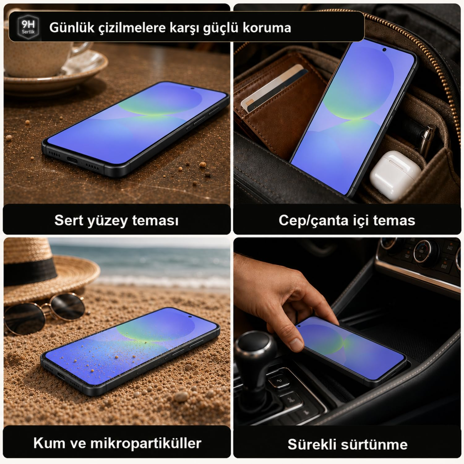 Dört görsel, çizilmeye karşı korumayı gösteren çeşitli günlük senaryolarda bir akıllı telefonu göstermektedir.